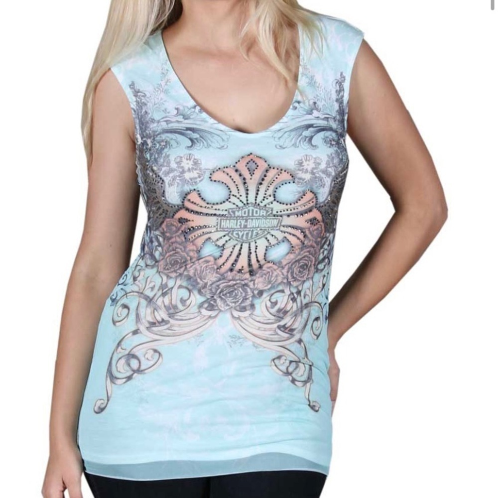 HARLEY DAVIDSON / Women’s Flower Garden Embellished Short Sleeve Tunic Size M